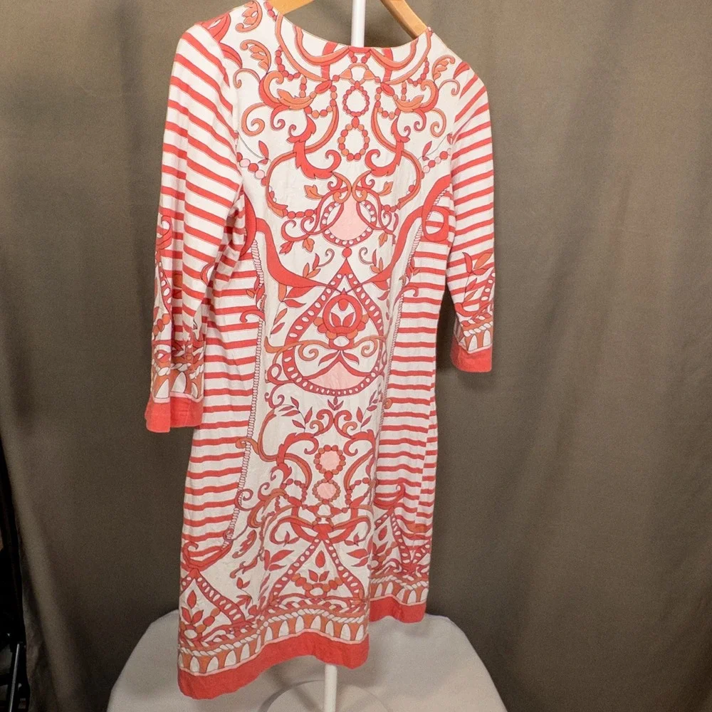 Barbara Gerwit 3/4 Sleeve Dress Size Small Orange White Scroll Print